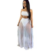 Wholesale Women Solid Color Mesh Wrapped Top Hollow Pant And Perspective Long Skirt White Black Pink Skirts