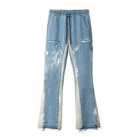 Wholesale Color Block Painted Streetwear Drawstring Jeans Men Frayed Side Ribbon Loose Casual Denim Trousers Hip Hop Harajuku Couple Pants Men s