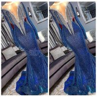 Wholesale Bling Tassels Top Sequined Mermaid Long Prom Dresses Slim Long Sleeves Fringes Beaded Sweep Train Formal Evening Party Wear Gowns