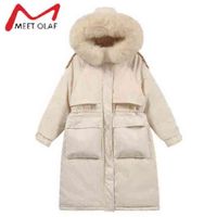 Wholesale Women s duck down long coat thick warm windbreaker with large Fur Hoodie and collar elegant white winter