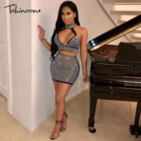 Wholesale Tobinoone Rhinestone Hollow Out Halter Bodycon Two Piece Set Women Top And Skirt Suits Autumn Party Club Outfits Matching Women s Tracksuits
