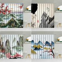 Wholesale Chinese Natural Landscape Ink Painting Shower Curtain Great Wall Classical Building Scenery Bathroom Decor Waterproof Curtains