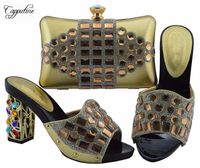 Wholesale Dress Shoes Wonderful Gold High Heel Slipper And Evening Handbag Set With Stones FGT003 Height CM