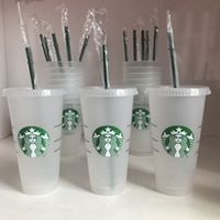 Wholesale DHL Starbucks OZ ml Plastic Tumbler Reusable Clear Drinking Flat Bottom Cup Pillar Shape Lid Straw Mug Bardian pcsL