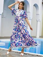 Wholesale Ethnic Clothing Summer Boho Muslim Women Dress O Neck Short Sleeve Ankle Length Print Floral Slim Tassel Office Lady Casual Elegant Abaya