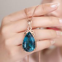 Wholesale Luxury Big Carats Blue Crystal Sapphire Gemstones Diamonds Pendant Necklaces for Women Rose Gold Color Choker Jewelry Bijoux