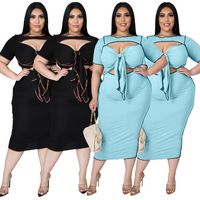 Wholesale XL XL Plus Size Bandage Two Piece Skirts Dresses Women Bow Tie Hollow Slim Fit Crop Top and Skinny Long Skirts Matching Outfits