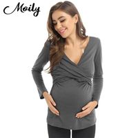 Wholesale Maternity Women Solid Wraps Deep V Neck Long Sleeves Pullover Baby Bump Tee Blouse Breastfeeding Pregnancy Basic Top Women s Blouses Shirt