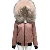 Wholesale Women s Jackets Pink Baseball Jacket Spring Casual Top Quality Fuax Fur Lining Coat For Women Real Raccoon Collar Have Zipper