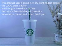 Wholesale Starbucks OZ ml Plastic Tumbler Reusable Clear Drinking Flat Bottom Cup Pillar Shape Lid Straw Mug Bardian DHL UV machine printing does not fade