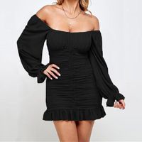 Wholesale Casual Dresses Sexy Off Shoulder Mini Dress Long Sleeve Solid Color Slash Collar Backless Wild Female Stylish Ruffle Hem Ruched