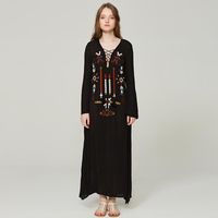 Wholesale Casual Dresses GiseleLee Store Bohemian Totem Embroidered Deep V Neck Long Sleeve Dress Slit