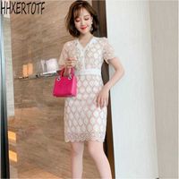 Wholesale Summer fashion temperament women hollow lace V neck short sleeve Scalloped embroidered high waist dress