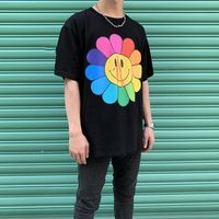 Wholesale Men s Fashion Brand New Style Co Branded Murakami s Colorful Suower Yellow Smiling Face Cotton Short Sleeve T shirt Couple