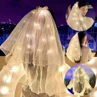 Wholesale LED Luminous Wedding Veil cm Light Up Glowing Bridal Pearls Veils White Yarn Fairy Bow Headdress for Kids Adults Shoulder Length B3