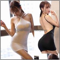 Wholesale Casual Dresses Womens Clothing Apparel Thin Ice Silk See Through Strip Halter Backless Mini Dress Sexy Women Bodycon Transparent Night Club