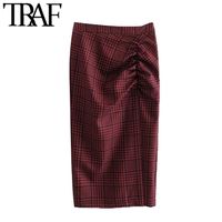 Wholesale Women Chic Fashion Pleated Side Vents Check Midi Skirt Vintage High Waist Back Zipper Female Skirts Mujer