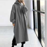 Wholesale Casual Dresses For Women Solid Color Streetwear Long Sleeves Hooded Pullover Sweatshirt Max Dress With Pocket