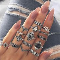 Wholesale 15 set Bohemian Retro Crystal Flower Leaves Gem Silver color Ring Set Women Wedding Anniversary Party Gift