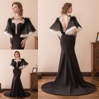 Wholesale Amazing Black Prom Dresses Backless Big Sleeves Party Gowns Sweep Train Elegant