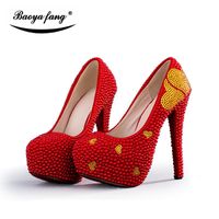 Wholesale BaoYaFang Red Pearl Beads Gold Heart Crystal Wedding Shoes Womens Luxury Handmade Party Dress Fashion Platform