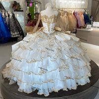 Wholesale White Quinceanera Dresses with gold stain edge Ruffles Skirt Organza Sweet Dress Beaded vestidos de Ball Gown Prom Gowns Long Sleeves