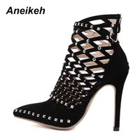 Wholesale Top Quality Aneikeh Gladiator Roman Sandals Summer Rivet Studded Cut Out Caged Ankle Boots Stiletto High Heel Women Sexy Shoes Pumps