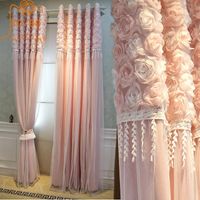 Wholesale Curtain Drapes Rose Love Korean Princess Pink Lace Girl Bedroom Gauze Blackout Curtains For Living Room Finished Product
