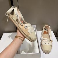 Wholesale Women Ingrid Lace up Espadrilles Straw Flat Sandals Top Quality Canvas Calfskin Mule Soft Tan Shoes Fishermen Rubber Bottom With Box