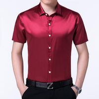 Wholesale High Quality Summer Mens Silk Shirts Pure Color Male Casual Satin Dress Short Sleeve Soft Clothes