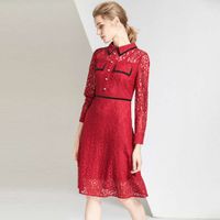 Wholesale Women Dresses Long Sleeve Red Solid Color Cutout Lace Dress A line Skirt Lapel Sexy Casual Dress Fashion Temperament
