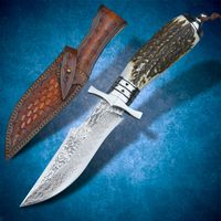 Wholesale Full Tang Damascus VG10 Steel Straight Knife Antler Handle Fixed Blade Outdoor Tool EDC Camping Survival Tactics Fighting Equipment Men s Fishing Collection