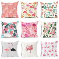 Wholesale Cushion Decorative Pillow Cotton Linen Pink Cartoon Flamingo Colorful Floral Bird World Pattern Cushion Cover Bedroom Decoration Case