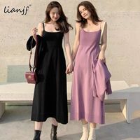 Wholesale Casual Dresses Autumn Solid Color Knitted Cardigan Over the knee Long Camisole Dress Piece Sets Womens Outfits Sweater Oversize