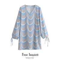 Wholesale Free Inspirit Arrival Casual Style A line Geometric Wave Pattern Long Sleeve V neck Women s Knee length Dress