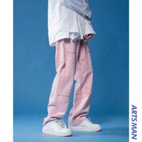 Wholesale Pink Washed Jeans Mens Wide Leg Pants Fashion Brand Hong Kong Loose Straight New High Street Pants Vintage Retro Male Denim H1223