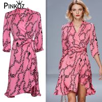 Wholesale designer chain heart love printed sashes v neck long sleeve satin knee length pink lace up dress women lady pluse size za