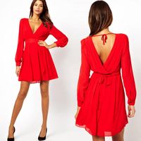 Wholesale Casual Dresses Queechalle XS XXL Women s Dress Spring Summer Sexy V Neck Chiffon Long Sleeve For Women Black White Red
