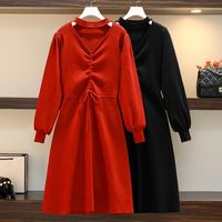 Wholesale Casual Dresses Women Autumn Loose Long Large Size Solid V Neck Knitted Sweater Dress Female Sleeve Robe Femme