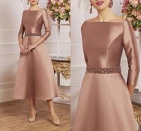 Wholesale New pearls Sash Evening Party Dresses Plus Size Elegant Vintage Jewel Tea Length Satin Sleeve Prom Formal Gown robe de soiree