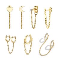 Wholesale 1pcs Ear Piercing Gold Moon Heart Long Chain Stud Earrings For Women Fashion CZ Tassel Double Circle Huggies Jewelry