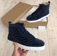 Wholesale Navy Blue Suede Leather Spikes Sneaker Shoes Elegant Red Bottom Designer Men s Women s Rivets Outdoor High Top Skateboard Walking With Box