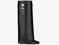 Wholesale SHARK LOCK Knee boots leather silver and gold finish asymmetrical metal padlock clad wedge almond shaped toe heel height cm