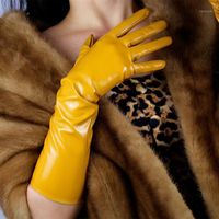 Wholesale Five Fingers Gloves cm Patent Leather Long Section Warm PU Emulation Mirror Bright Yellow Egg Yolk Ginger PU33