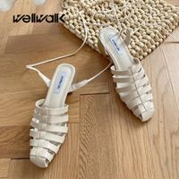 Wholesale Dress Shoes Casual Gladiator Women Heels Sandals Wooden Chucky Heel Female Spring Slingbacks Ankle Strap Ladies Hollow Mules Slippers