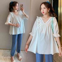 Wholesale shirts Summer Chic Ins White Chiffon Maternity Blouses Sweet V Neck Shirts Clothes for Pregnant Women Pregnancy Tops Pants Suit