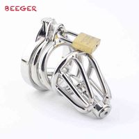 Wholesale NXY Cockrings Beeger Male Penis Metal Lock stainless Steel Chastity Cage with Urethral Insert small Novelty Anti Slip Ring