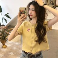 Wholesale Women s T Shirt Embroidery Women Casual Simple Retro Basic Top Tees Female Slim Korean Style All match Ins Soft Stylish Design Cropp