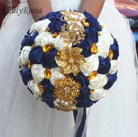 Wholesale Wedding Flowers Dark Royal Blue Vintage Bridal Bouquet For Gold Jewelry Brooch Crystals Ivory Satin Roses Custom Made