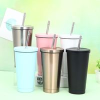 Wholesale 500 ML Coffee Mug Lid Vacuum Flask Drinking Straw Mug Stainless Steel Hot Cold Thermo Tea Cup Milk Metal Mugs Thermos Bottle